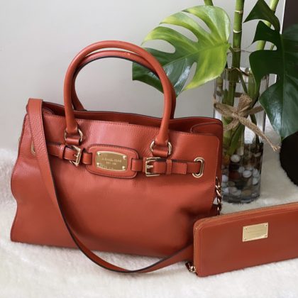Michael Kors Orange Leather Large Hamilton North South tote Set with Wallet