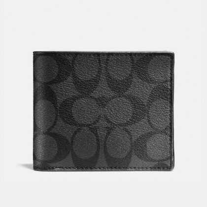 Coach – Compact Men’s Wallet In Signature Canvas-Charcoal/Black  color